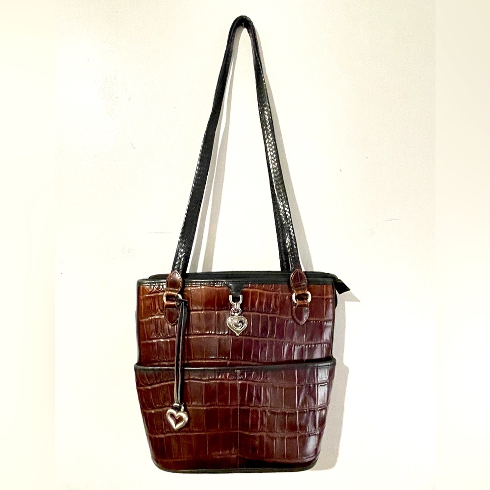 BRIGHTON Croc Leather Vintage Shoulder Tote Bag Maroon Brown Silvertone Hearts